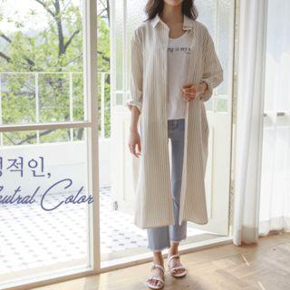 Slit-side Stripe Long Shirt With Sash
