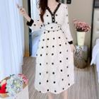 Long-sleeve Dotted Lace Midi A-line Dress