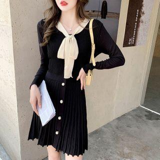Tie-neck Button-up Knit Mini A-line Dress Black - One Size