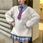 Long Sleeve Plain Shirt / Pleated Skirt / Sweater