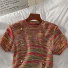 Puff-sleeve Melange Knit Top Mixed Color - Red & Yellow - One Size
