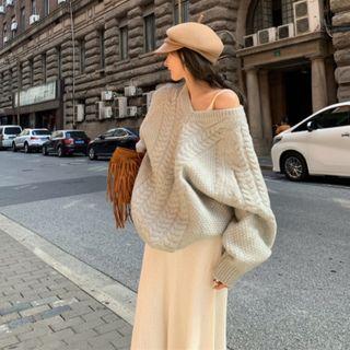 V-neck Sweater / Strappy Midi A-line Dress
