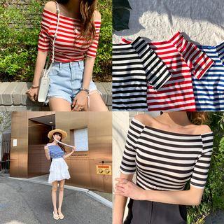 Off-shoulder Textured Stripe T-shirt