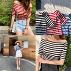 Off-shoulder Textured Stripe T-shirt