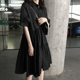 Short-sleeve Tiered A-line Shirt Dress