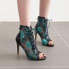 Open-toe Floral Embroidered Mesh Stiletto Short Boots