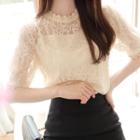 Tulle-overlay Puff-sleeve Lace Blouse
