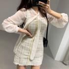 Long-sleeve Ribbon Chiffon Blouse / Sleeveless Tweed Mini Dress