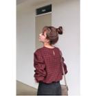 Bishop-sleeve Plaid Blouse Wine Red - One Size