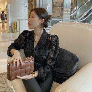 Notch-collar Sheer Lace Shirt