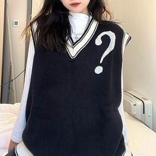 V-neck Question Mark Print Knit Vest