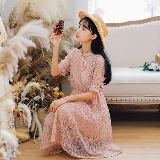 Short Sleeve Tie-neck Lace Dress