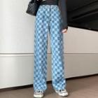 High-waist Checkerboard Print Straight-cut Jeans