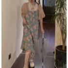 Short-sleeve Lace Collar Blouse / Floral Printed Denim Overall