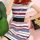 Striped Short-sleeve A-line Knit Dress Stripe - Multicolor - One Size