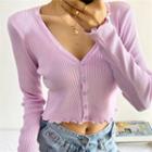 Long Sleeve V-neck Ruffled-trim Crop Sweater