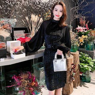 Long-sleeve Chiffon Panel Midi Velvet Dress