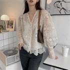 Set: Puff-sleeve Lace Blouse + Camisole Top Set - Off White - One Size