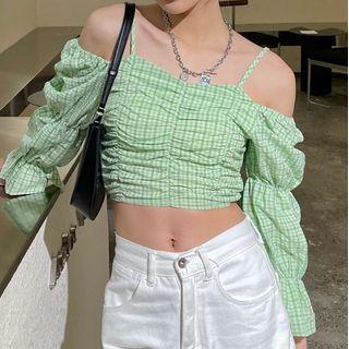 Plaid Cold-shoulder Cropped Blouse Plaid - Green - One Size