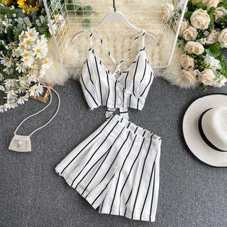 Set: Striped Cropped Camisole Top + Wide Leg Shorts
