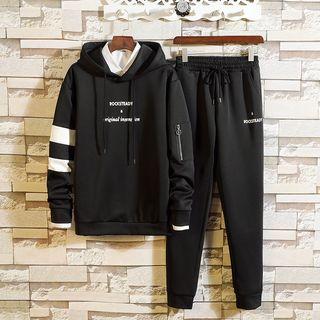 Set: Two-tone Lettering Hoodie + Sweatpants