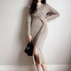 Long-sleeve V-neck Slit Knit Midi Bodycon Dress Light Brown - One Size