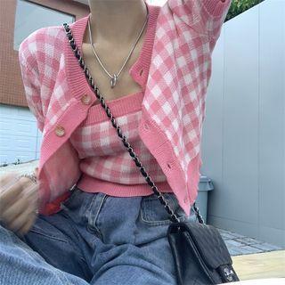 Plaid Cropped Knit Camisole / Cardigan