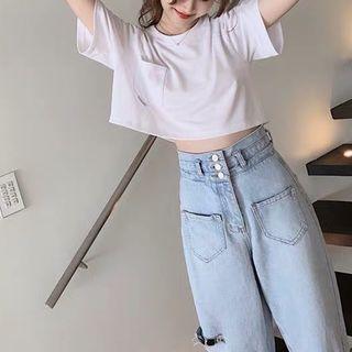 Short-sleeve Cropped T-shirt / Distressed Straight-cut Jeans / Set
