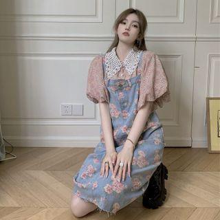 Puff-sleeve Floral Print Blouse / Floral Print Overall Dress