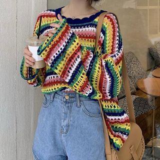 Color-block Eyelet-knit Top