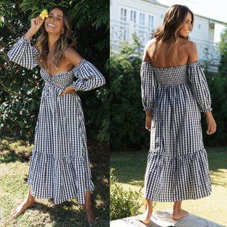 Long Sleeve Off Shoulder Plaid Maxi A-line Dress