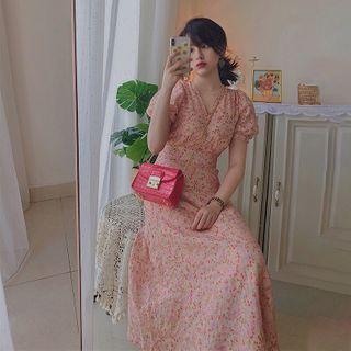 Puff Sleeve V-neck Floral Print A-line Dress