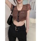 Short-sleeve Cropped Sheer Top Brown - One Size