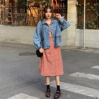 Denim Jacket / Lantern-sleeve Floral Tie Waist Dress