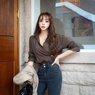 Open-placket Textured Wrap Shirt