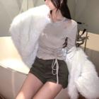 Long-sleeve Cutout Drawstring Fitted Top
