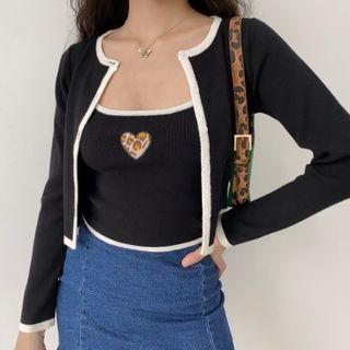 Set : Heart Leopard Print Suspender + Cropped Cardigan