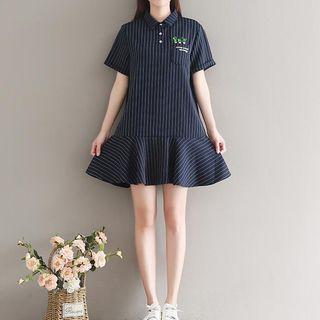 Embroidered Striped Short-sleeve A-line Dress