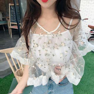Set : Embroidered Mesh Panel Top + Spaghetti Strap Top
