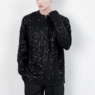 Long Sleeve V-neck Sequins T-shirt
