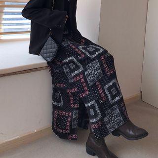 Printed Slit-hem Midi A-line Skirt