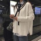 V-neck Long Sleeve Knit Top White - One Size