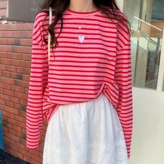 Long-sleeve Striped Heart Embroidered T-shirt