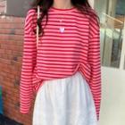 Long-sleeve Striped Heart Embroidered T-shirt