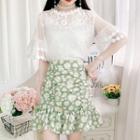 Set: Lace Flared-sleeve Blouse + Flower Print Mini A-line Skirt