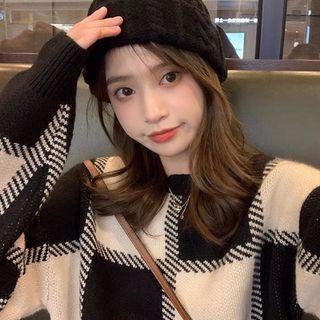 Plaid Loose-fit Sweater Black - One Size