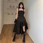 Wide Strap Tie-waist Irregular Hem Midi A-line Dress Dress - Dark Black - One Size