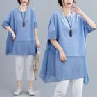 Short-sleeve Mesh-panel Loose-fit Top Blue - One Size