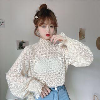 Long-sleeve Lace Mock-neck Top Beige - One Size