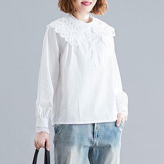 Plain Flower Trim Collar Long-sleeve T Shirt
